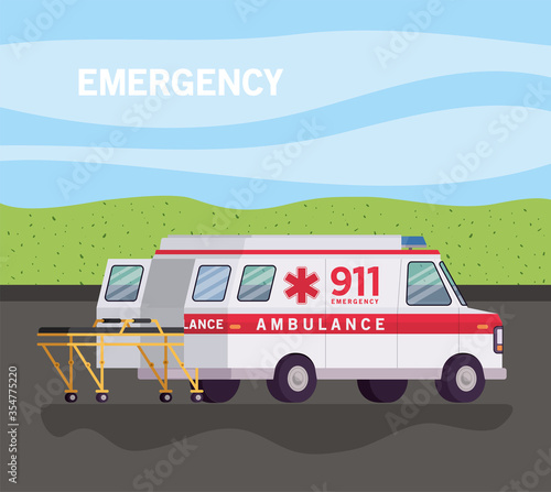 Ambulance with stretcher on street vector design
