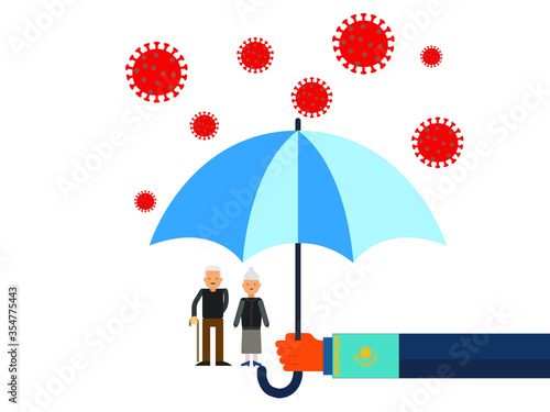 Old people under the umbrella are protected from the coronavirus COVID-19. A hand with an umbrella protects the family from the coronavirus. Vector illustration. government protec old people