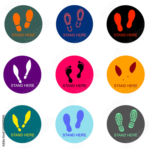 Several types of shoes and foots stand here mark use for keep people stay in the row on social distancing policy in the place