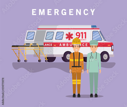Ambulance stretcher paramedic and firefighter vector design