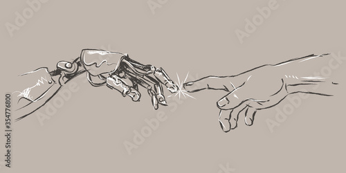 Hand drawn finger of robot and human hands touching with fingers, Virtual Reality or Artificial Intelligence Technology Concept sketch science concept vector illustration.