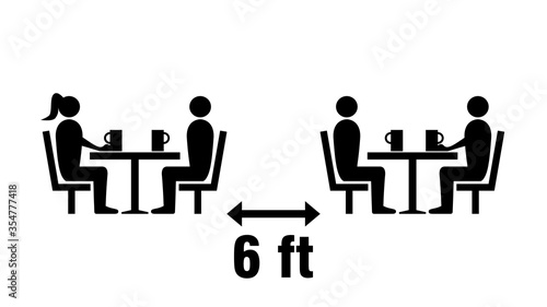 Social Distancing Keep a Safe Distance of 6 ft or 6 Feet between the Tables in Cafe or Restaurant Icon. Vector Image.