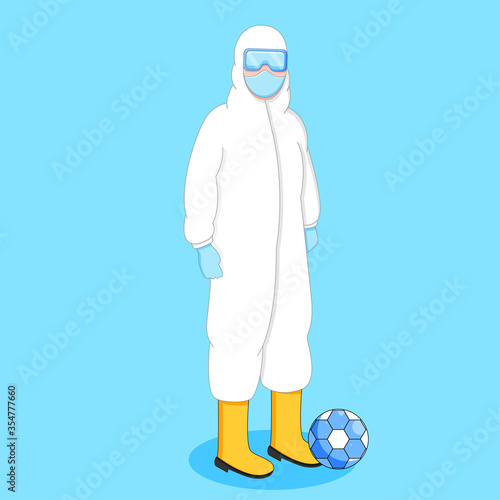 vector illustration of a paramedic who longs for a holiday in between his busy work due to the corona virus pandemic. where he really wants to play football like a normal day. photo