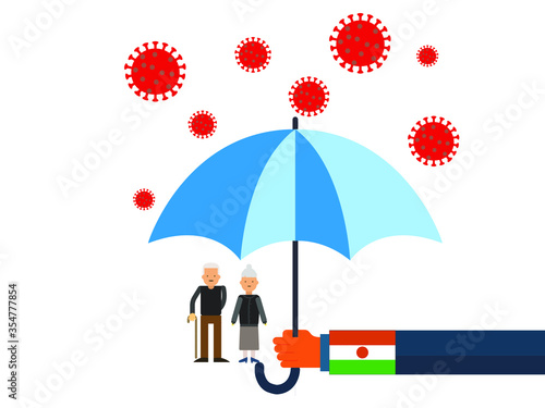 Old people under the umbrella are protected from the coronavirus COVID-19. A hand with an umbrella protects the family from the coronavirus. Vector illustration. government protec old people