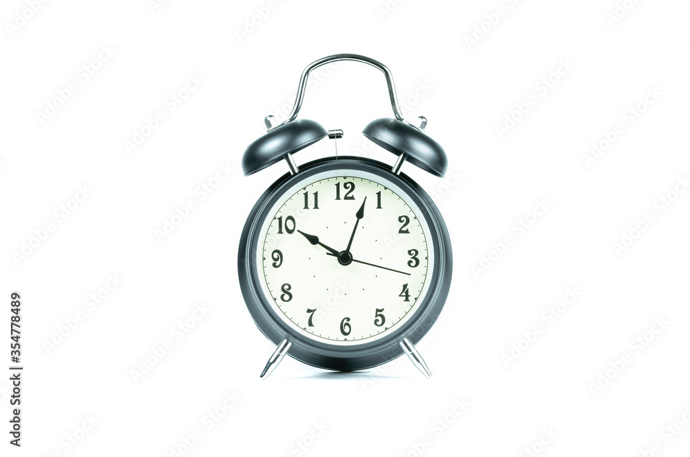 black retro alarm clock with bells on isolated white background, showing ten o'clock.. black retro alarm clock with bells on isolated white background, showing ten o'clock..