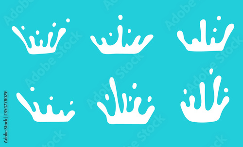 Milk crown badge and dairy labels with splashes and bolts. Milk badge with drop and splash for labels of package. Vector set.