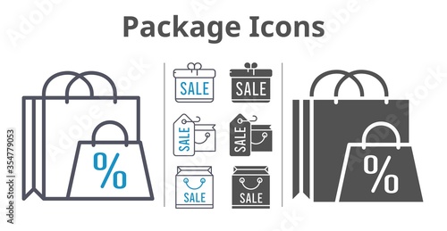 package icons icon set included gift, shopping bag icons