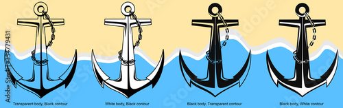 Four different Admiralty Pattern anchors outline on the beach background