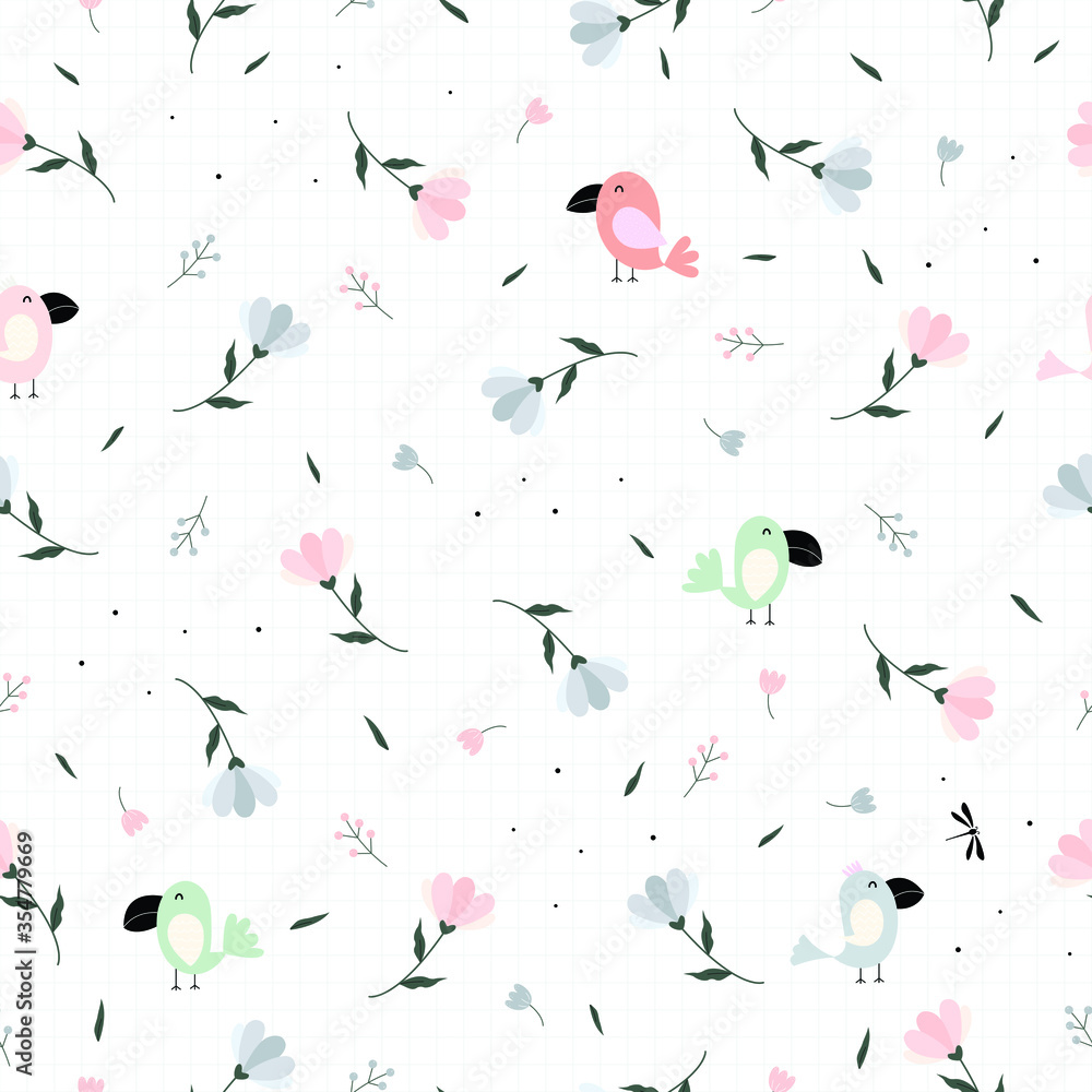 Seamless texture pattern The cute little bird background with flowers and has a square grid as a wallpaper. Design for use in textiles, fabrics, publications, gift wrap Vector illustration