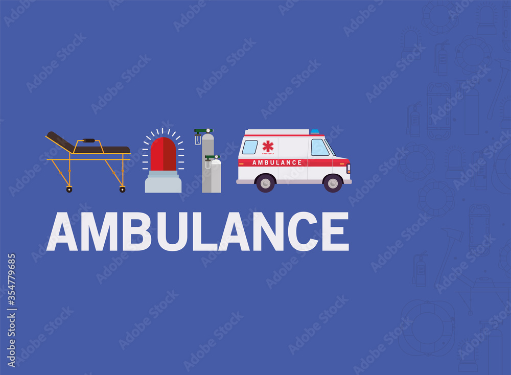 Ambulance stretcher alarm and oxygen cylinders vector design