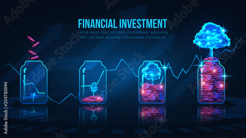Putting coins into clear bottle in futuristic design vector illustration , suitable for financial or Crypto currency investment
