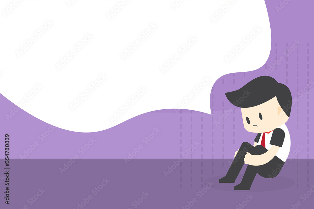 Business men lack confidence, sit depressed and frustrated from work and investment. Is sitting on the workspace with the text box Business men lack confidence, sit depressed and frustrated from work and investment. Is sitting on the workspace with the text box