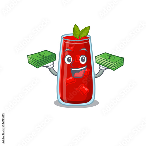 A wealthy bloody mary cocktail cartoon character with much money
