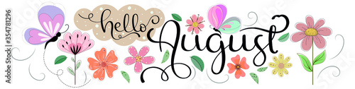 Hello August. AUGUST month vector with ornaments and leaves. Decoration floral. Illustration month August