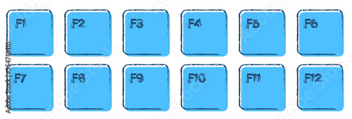 set of auxiliary keyboard keys from F1 to F12 drawn in ink and blue colors. Isolated vector on white background