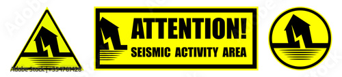 set of danger signs on a yellow background earthquake shocks.  Increased seismic activity. Attention. Isolated vector on white background