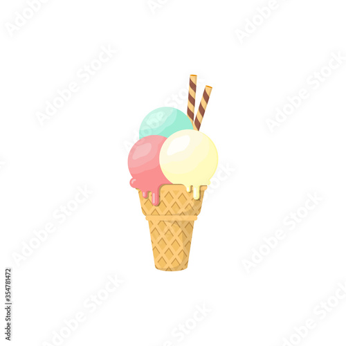 flat design three scoop of ice cream melts in the cone