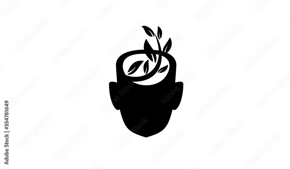 head face with leaf black white logo icon design illustration head face with leaf black white logo icon design illustration