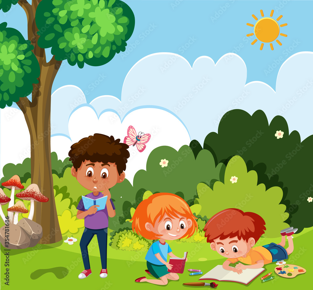 Scene with boy and girl reading in the park Scene with boy and girl reading in the park