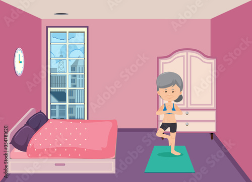 Background scene with old woman doing yoga in bedroom