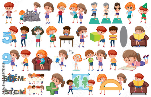 Large set of children doing different activities on white background