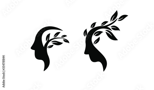 set collection head face with leaf black white logo icon design illustration