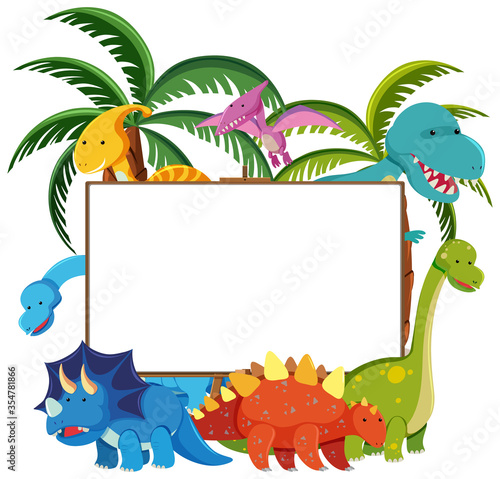 Set of cute dinosaurs with blank banner isolated on white background photo