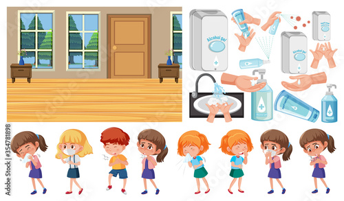 Background scene of clean room and set of sick children