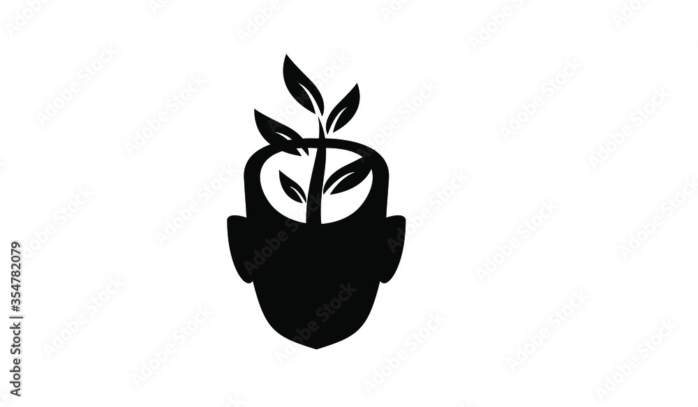head face with leaf black white logo icon design illustration head face with leaf black white logo icon design illustration