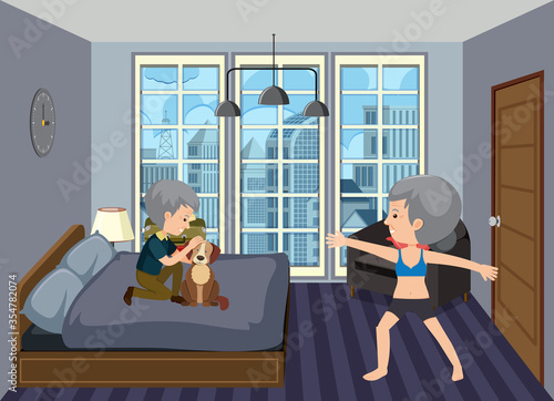 Background scene with old people staying at home