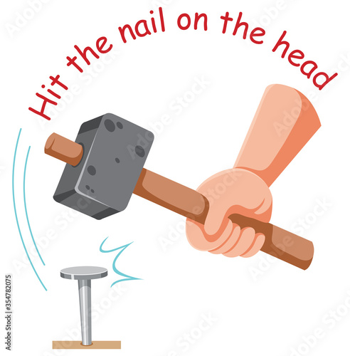 English idiom with picture description for hit the nail on the head on white background