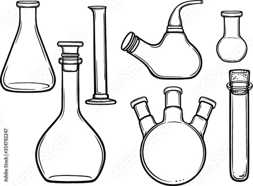 Set of glass laboratory dishes for chemical experiments. Monochrome linear drawing. Vector illustration isolated on white background. photo