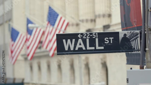 Wall St Street Sign in the Financial District of New York with three American Flags in the Background photo