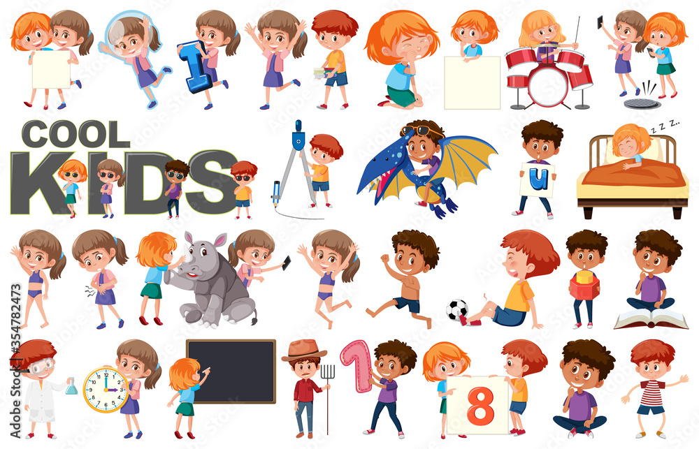 Large set of children doing different activities on white background Large set of children doing different activities on white background