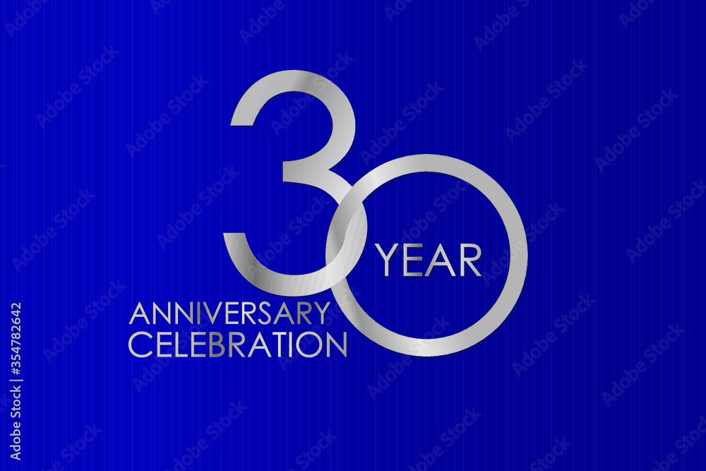 Fototapeta premium 30 Year Anniversary Silver Color on Blue Background, for printed, banner, card, anniversary, greeting card, invitation card - Vector