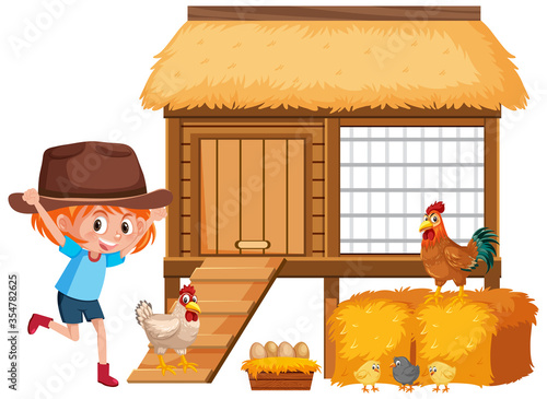 Little girl and chickens on the farm
