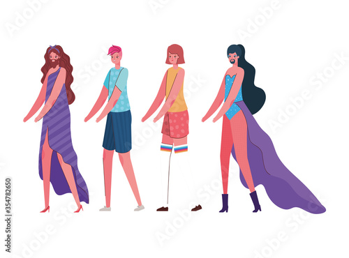 Women and men cartoons with costumes vector design