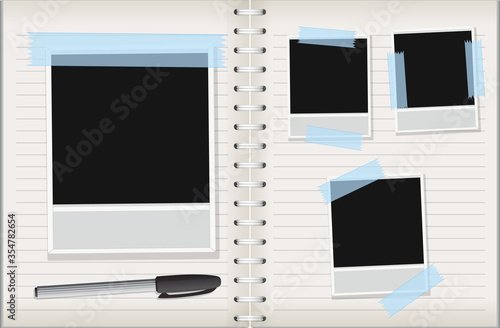 Empty photo frames on notebook background with a pen