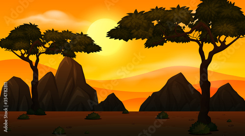 Background scene with sunset and silhouette