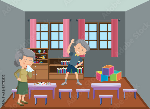 Background scene with old couple staying at home