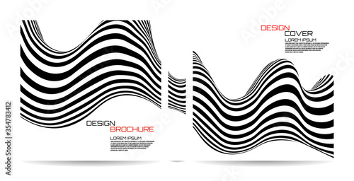 Brochure template wave with black and white striped, futuristic lines. Magazine, poster, book, presentation, advertising. Abstract vector background. Cover design your text
