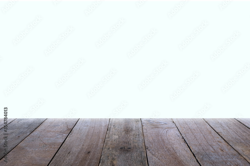 Old wooden table and empty front and white background, Empty space place a product,  texture with natural wood pattern for design