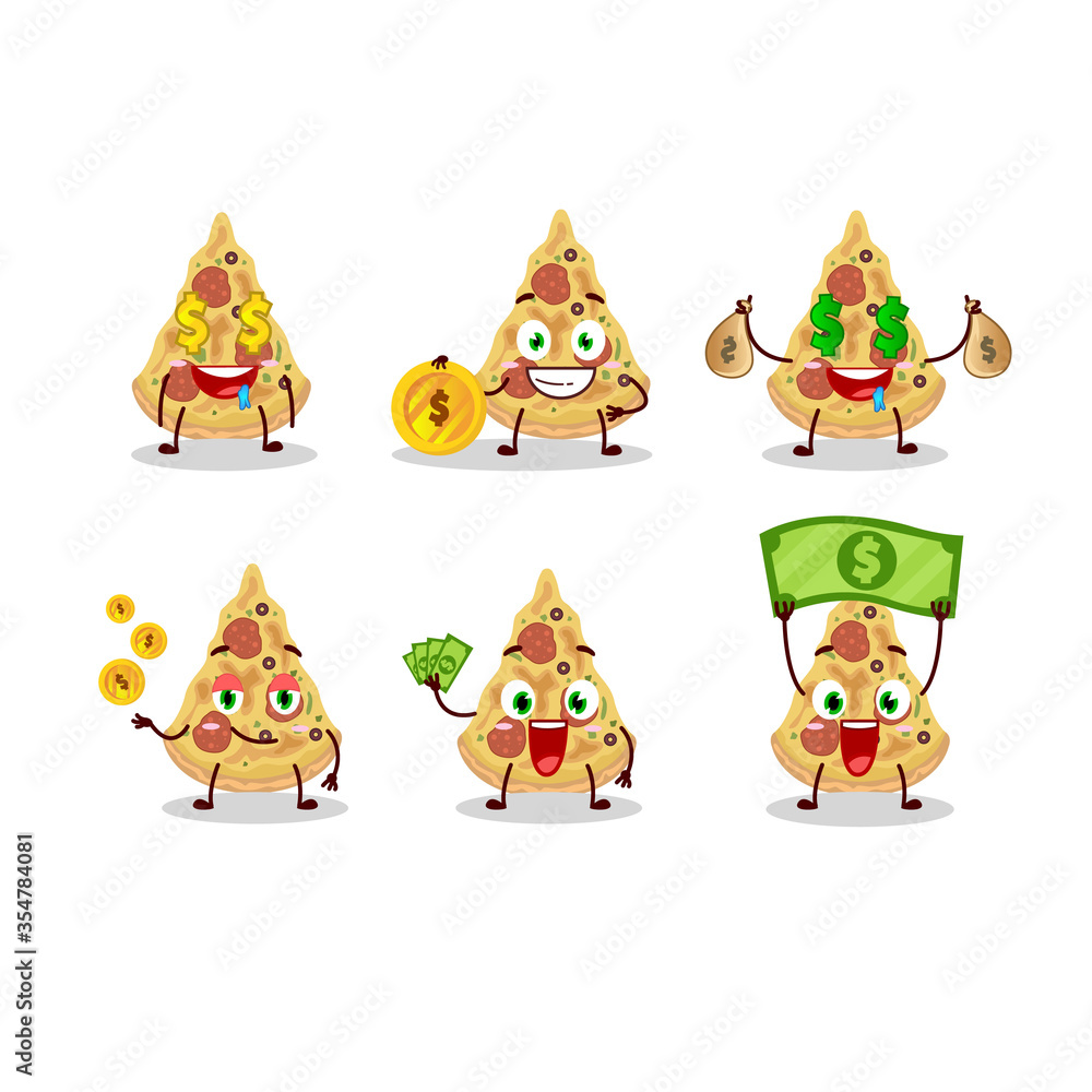 Slice of pizza cartoon character with cute emoticon bring money Slice of pizza cartoon character with cute emoticon bring money