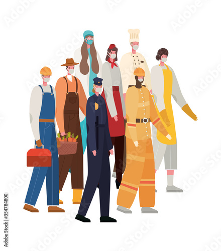 Men and women workers with masks vector design