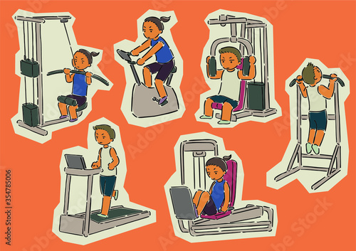 Set of  vector cartoon  illustration, work out with exercise machine