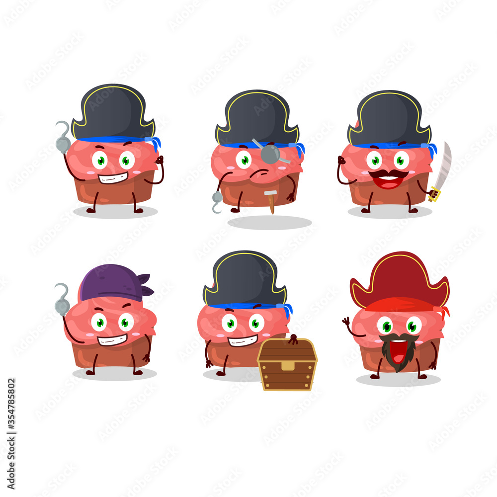 Cartoon character of strawberry cake with various pirates emoticons Cartoon character of strawberry cake with various pirates emoticons