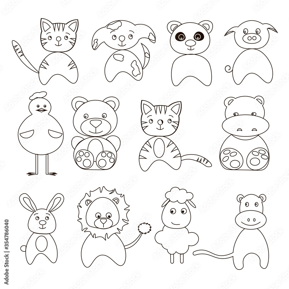 Coloring for kids out line. Different animals. Vector illustration hand draw.