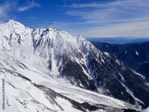 厳冬期の北アルプス、奥穂高〜前穂高の雪山稜線へ続く岳沢ルート