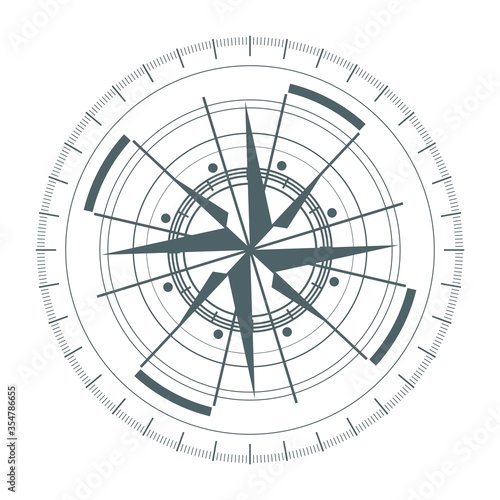Brochure or report design element. Travel and discovery relative image. Compass symbol on geometry pattern