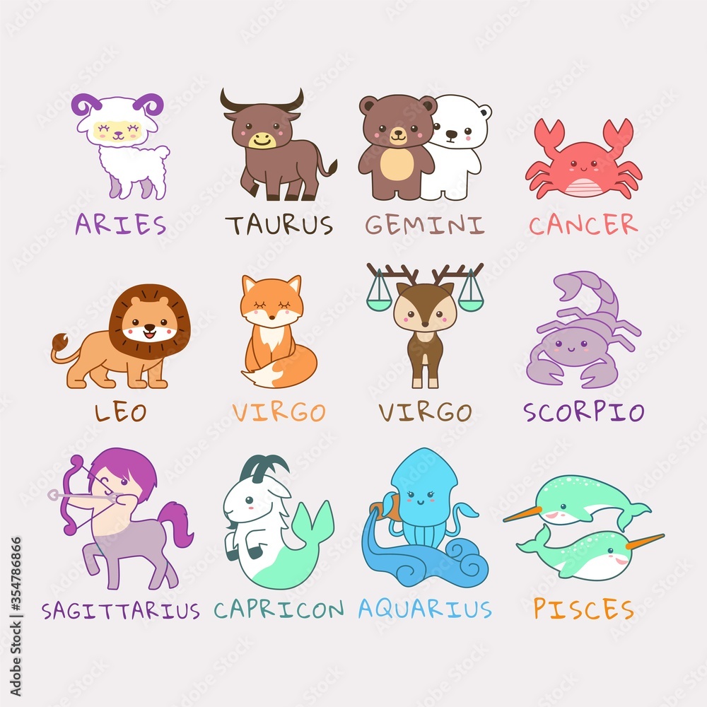 Cute kawaii zodiac animals vector vector de Stock | Adobe Stock